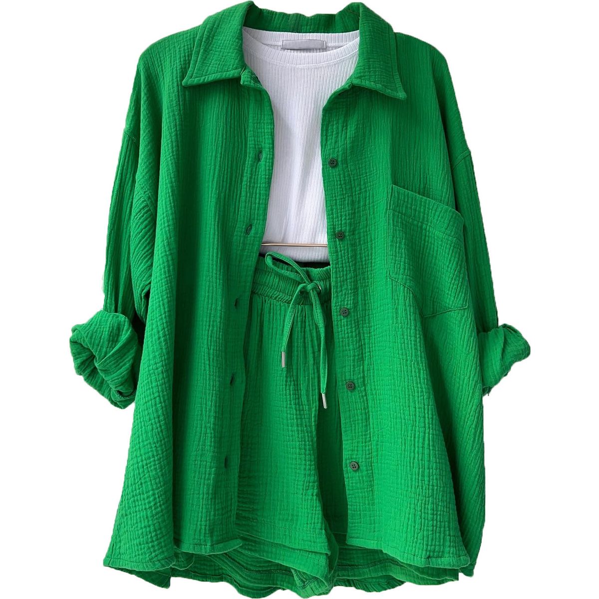 Crinkle Cotton Two-Piece Set – Oversized Lapel Shirt + High-Waisted Drawstring Shorts, Plus Size Loungewear (White/Orange/Army Green)_ecoleips.com