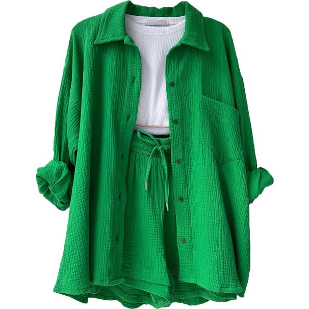 Crinkle Cotton Two-Piece Set – Oversized Lapel Shirt + High-Waisted Drawstring Shorts, Plus Size Loungewear (White/Orange/Army Green)_ecoleips.com