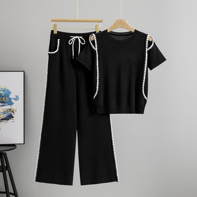 Women's Clothing Summer Off Shoulder Knitted Short Sleeved Tops Fashionable And Casual Wide Leg Pants Slimming Sports Two Piece Suits_ecoleips.com