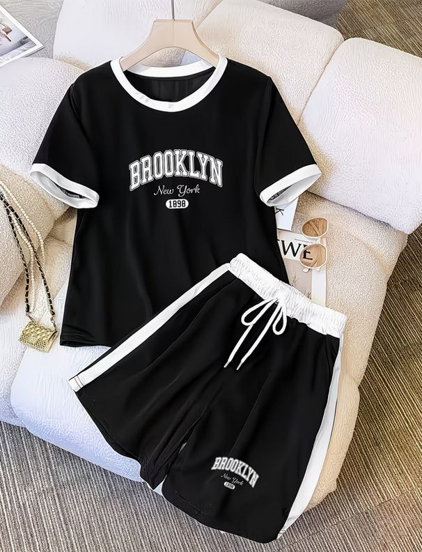Summer Women's Clothing Set Print Short Sleeve Top And Straight Leg Shorts_ecoleips.com