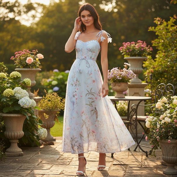 Women's Summer Floral Print Dress Spaghetti Strap Long Fairy Cinching Waist Fishbone Design Travel Vacation Dress_ecoleips.com
