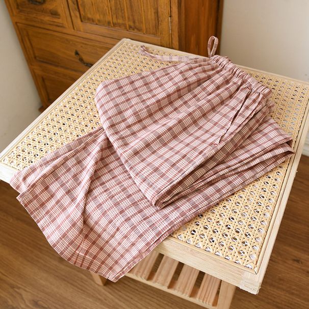 New Cotton Thin Women's Sleep Pants Simple Plaid Casual Loose Straight Home Trousers Can Wear Outside_ecoleips.com