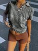 Aria Basics Aria Basics European And American Plus Size POLO Collar Striped T-Shirt Women's Summer Fashion Comfortable Loose Deep V_ecoleips.com