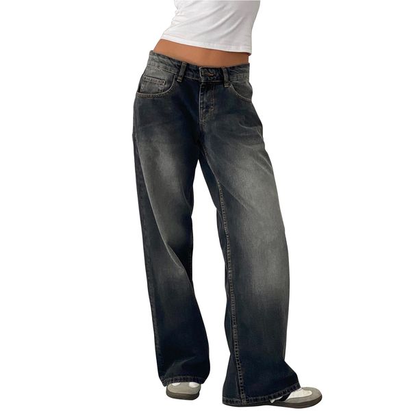 Women's Clothing Low Waist Non Elastic Washed Straight Jeans For Women Autumn New Street Wide Leg Denim Pants For Women_ecoleips.com