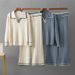 Women's High Waist Knitted Two-Piece Suit - Lapel Contrast Casual Pant Set For Spring & Autumn_ecoleips.com