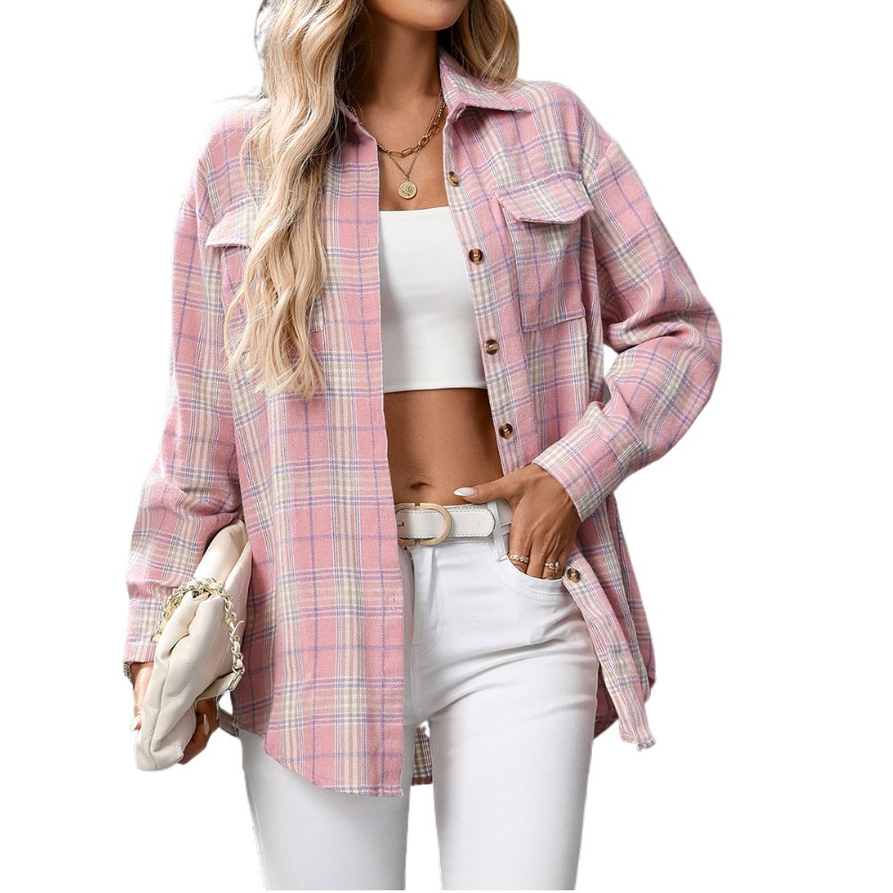 Women's Clothing Autumn And Winter Women's Clothing New Casual Fashion Loose Plaid Pocket Shirt Women_ecoleips.com