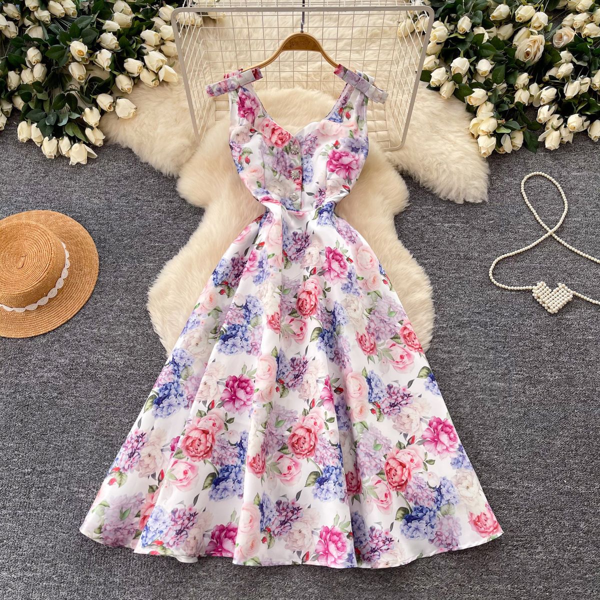 Elegant High Waist A-Line Skirt Dress Floral Print Sleeveless Summer Style for Women Perfect for Vacation_ecoleips.com