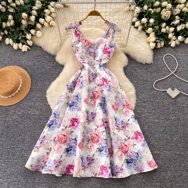 Elegant High Waist A-Line Skirt Dress Floral Print Sleeveless Summer Style for Women Perfect for Vacation_ecoleips.com
