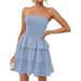 Women's Strapless Pleated Mini Dress Summer Casual Off-Shoulder Sundress Layered Style_ecoleips.com