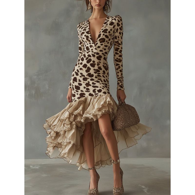 European And American Style Women's Long Sleeved V Neck Dress Digital Print Stone Pattern Patchwork Mesh New 2025_ecoleips.com