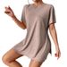 Women's Casual Solid Color Two Piece Set with Bat Sleeve round Neck T-Shirt And Tight Shorts Comfortable Slit Design_ecoleips.com