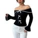 Contrast Color Off Shoulder Bow Tie Women's T Shirt_ecoleips.com