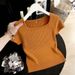 Women's Pumpkin Orange Square Neck Short Sleeve Knit T-Shirt Hollowed Out Back Buttons Spring Summer Style Top_ecoleips.com