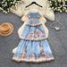 Women's French Romantic Style Blue Floral Print Sundress Summer Korean Cake Dress Slimming Vacation Long Dress_ecoleips.com