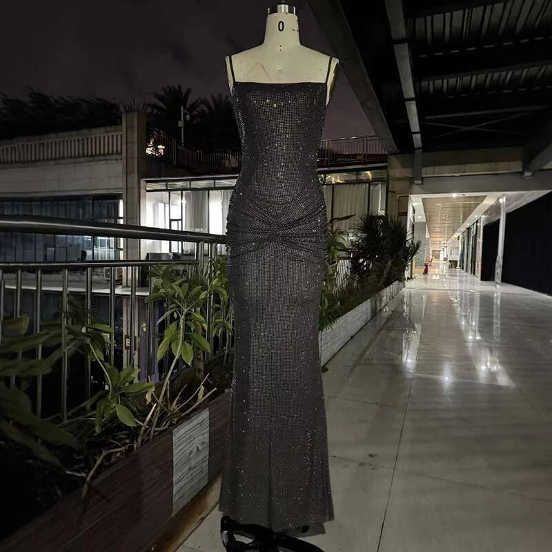 Fashion Gray Hot Drilling Spaghetti Strap Dress Women's Slim Fit Backless Folds Split Floor-length Dresses New CYZ6_ecoleips.com