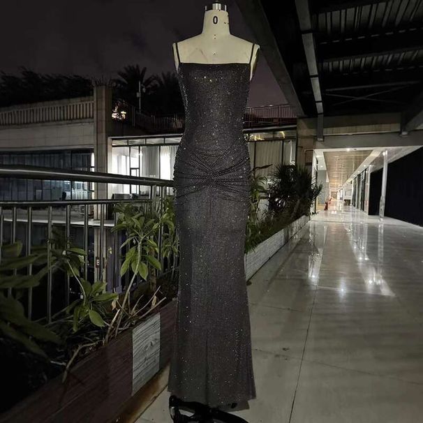 Fashion Gray Hot Drilling Spaghetti Strap Dress Women's Slim Fit Backless Folds Split Floor-length Dresses New CYZ6_ecoleips.com