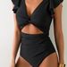 Women's Clothing Swimsuit Ruffled Conservative One Piece Swimsuit Chest Cross Hollow Swimsuit Solid Color Backless Swimsuit Female_ecoleips.com