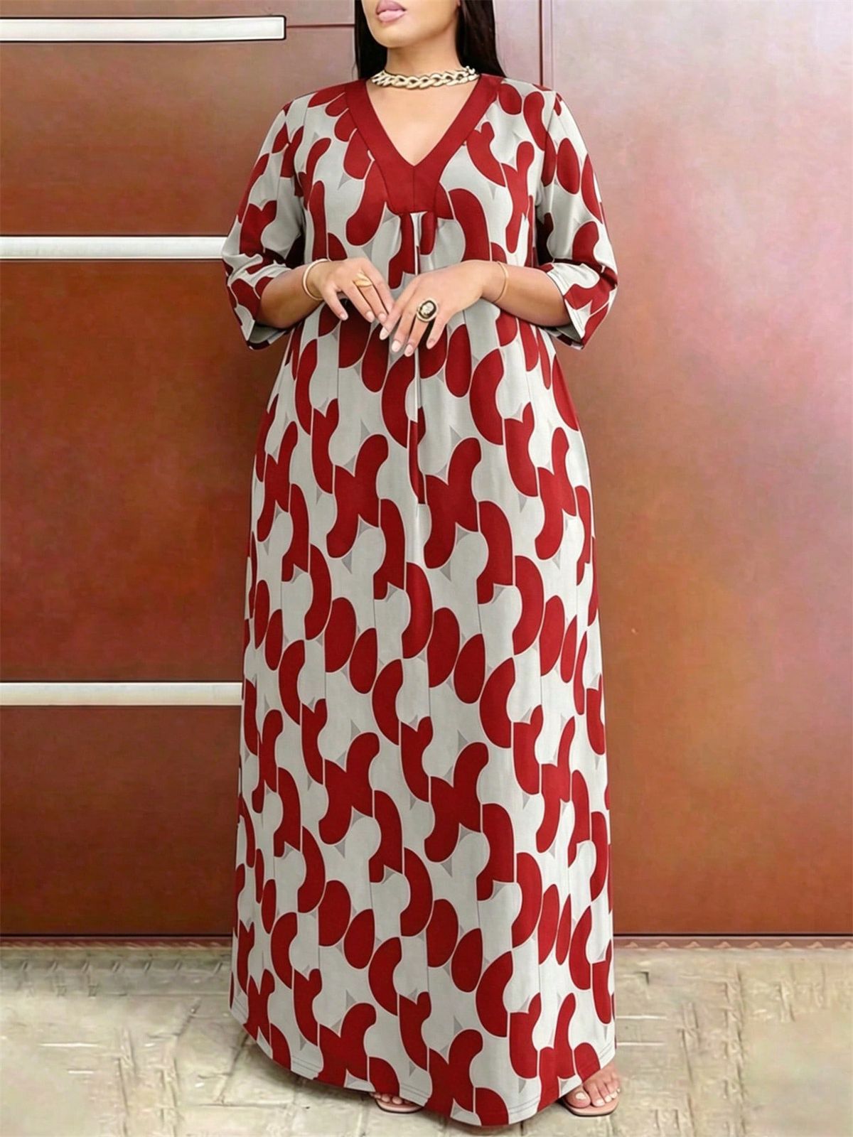Women's V Neck Color Block Print Dress Casual Fashion Spring Summer New Spot Goods_ecoleips.com