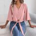 Women's V-Neck Button Front Knotted Hem Chiffon Blouse 3/4 Sleeve Casual Tops_ecoleips.com