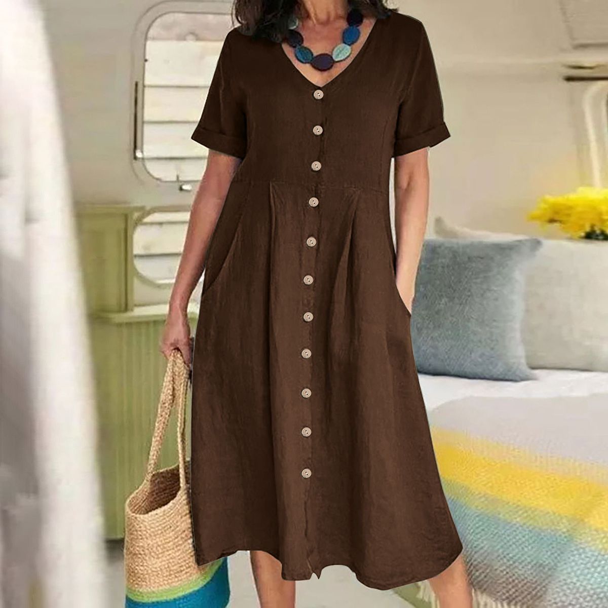 Women's Clothing Spring And Summer New New Solid Color Loose High Waist Cotton And Linen Dress_ecoleips.com