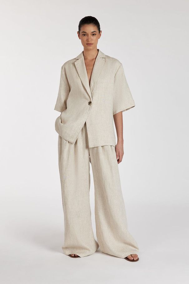 Women's Clothing Spring And Summer New Linen Commuter Suit Women's Lapel Five Point Sleeve Cardigan Top Loose Wide Leg Pants Two Piece Suit_ecoleips.com