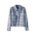 "Women's Distressed Denim Jacket With Sequin Embellishments - Vintage Washed Cropped Oversized Style (Light Blue/Black)"_ecoleips.com