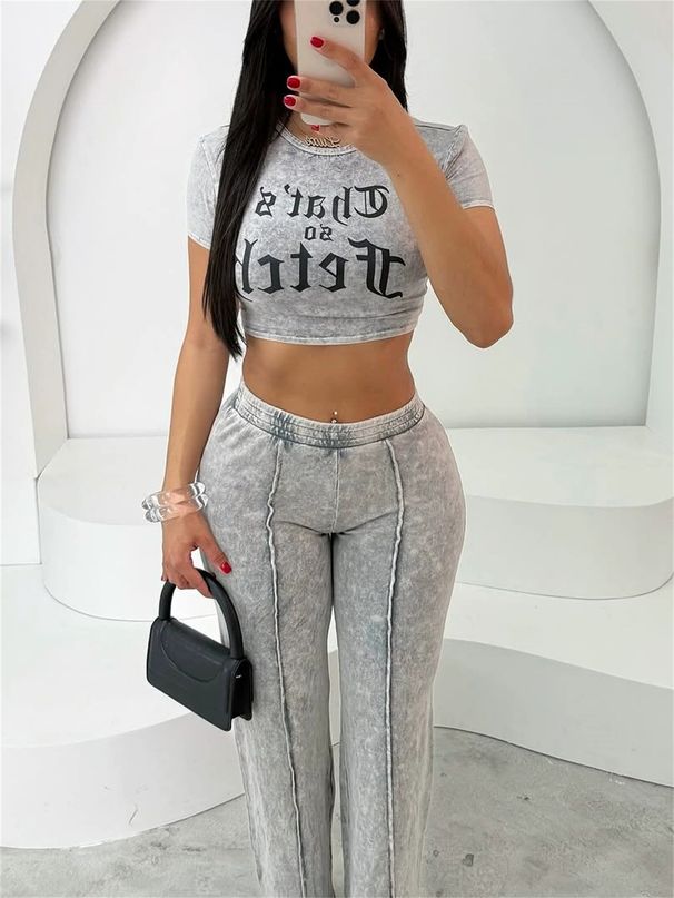 New High Hip Hop Street Style Printed Short Sleeve Top And Straight Leg Pants Set For Women_ecoleips.com