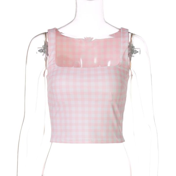 Women's Clothing 2025 Summer New Fashion Square Neck Plaid Print Slim Fit Cropped Tank Top Wholesale For_ecoleips.com