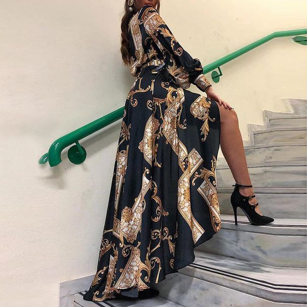 Women's Retro Court Style Long Sleeved Shirt Dress Floor Length Printed Casual American Design Thin Material Summer Suitable_ecoleips.com