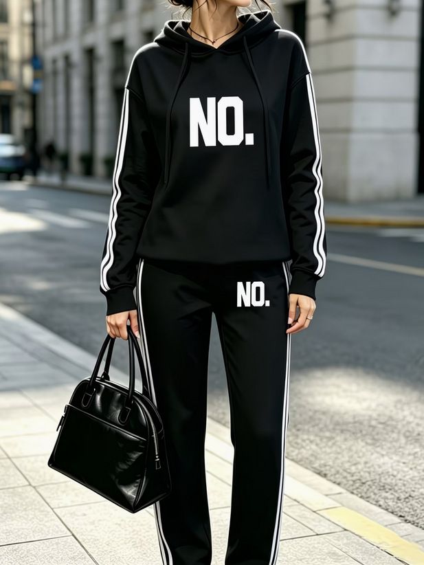 Spring Autumn Women's Printed Two Piece Set Simple Side Striped Hooded Top And Trousers New Style Print_ecoleips.com