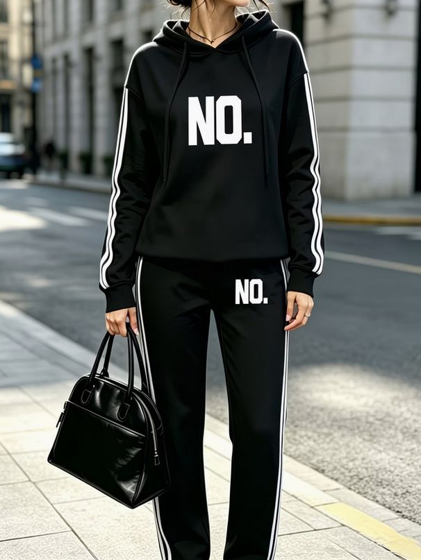 Spring Autumn Women's Printed Two Piece Set Simple Side Striped Hooded Top And Trousers New Style Print_ecoleips.com