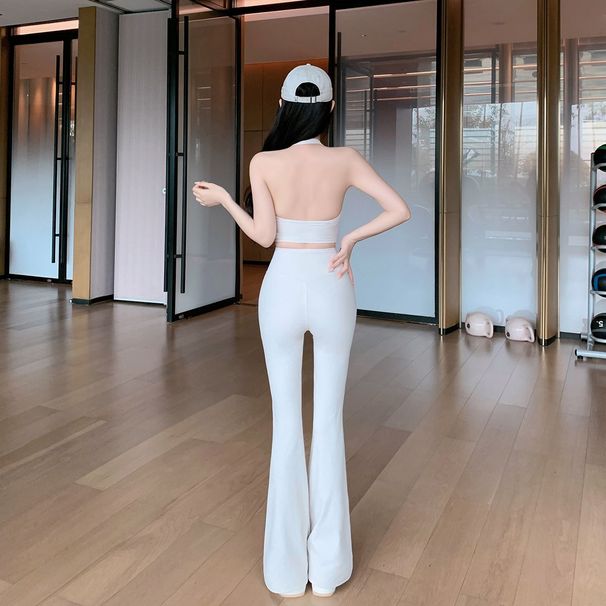 MUZI New Ribbed Pink Halter Neck Sports Vest For Women With Micro Flare Yoga Pants Two-Piece Set_ecoleips.com