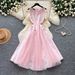 Women's French Style Sleeveless A-Line Dress Pink round Neck High Waisted Slimming Elegant Full Skirt Summer Style_ecoleips.com