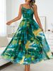 Summer New Arrival Women's Printed Chiffon Dress Tubby Neck Full Swing Waist Cinching European American Style_ecoleips.com