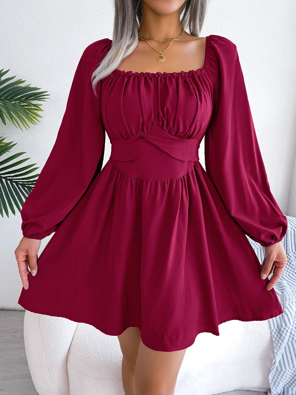 2026 Spring/Summer European And American Casual Solid Color Ruffled Square Neck Waist-Cinching Flared Dress_ecoleips.com