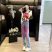 Women's Clothing Fashion Suit Summer, Loose Sportswear, Internet Celebrity Street Style, Short Sleeved T Shirt, Denim Straight Pants, Two Piece Suit_ecoleips.com