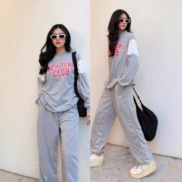 Women's Clothing Retro Style Two Piece Set Letter Print Sweatshirt Loose Fitting Long Pants And Jogger Harem Pants Spring Autumn_ecoleips.com