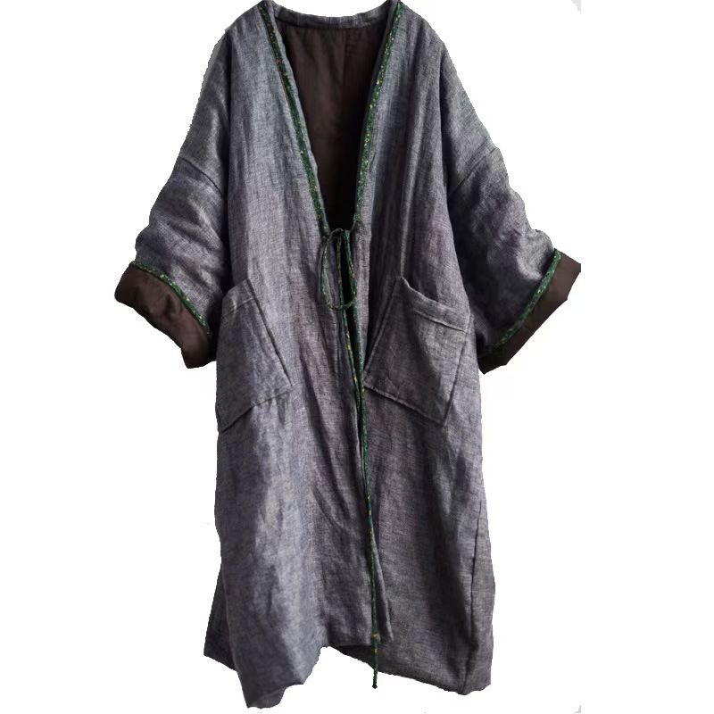 girl Su Nian Weiyang 1910 / Early Linen Autumn Winter Solid Color Mori Style Retro Elegant Cardigan Cotton Robe Trench Coat_ecoleips.com