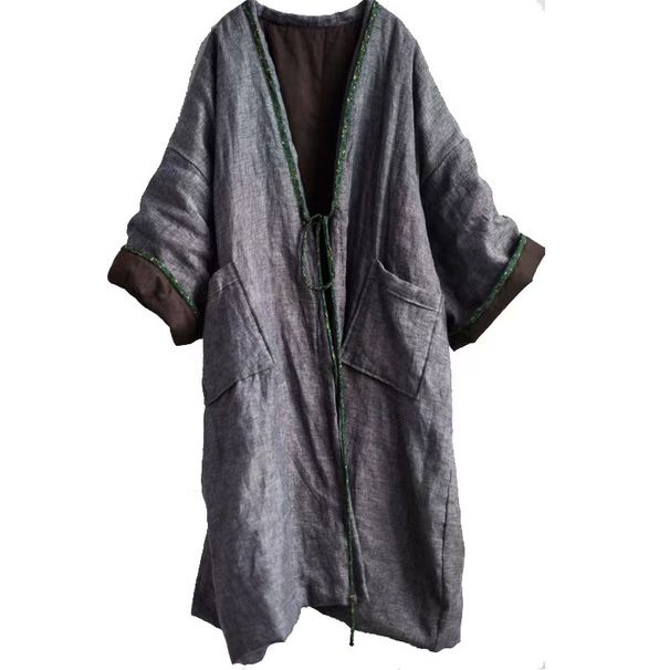girl Su Nian Weiyang 1910 / Early Linen Autumn Winter Solid Color Mori Style Retro Elegant Cardigan Cotton Robe Trench Coat_ecoleips.com