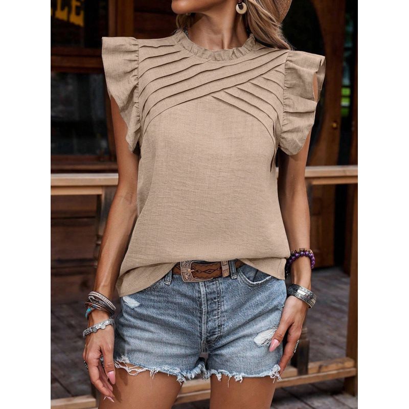 Spring/Summer: Women's Sleeveless Hoodie With Pleated Collar And Lotus Leaf Sleeves_ecoleips.com