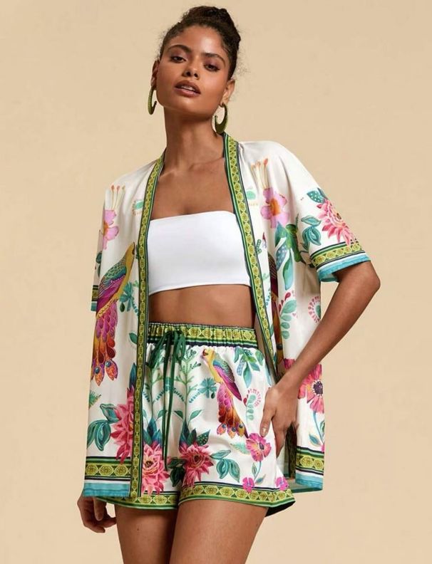 Women's Printed Short Sleeve Shirt And Shorts Set Breathable Polyester Loungewear Wrap Waist Flounce Hem Abstract Tie-Dye Floral S-3XL_ecoleips.com