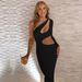Women's Clothing One Shoulder Oblique Collar Long Sleeved Dress Autumn Women's Fashion Sexy Hollow Long Skirt_ecoleips.com