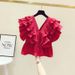 Women's Summer Retro Blouse Short Sleeved Red Top Cropped High Waisted Ruffled V Neck Petite_ecoleips.com