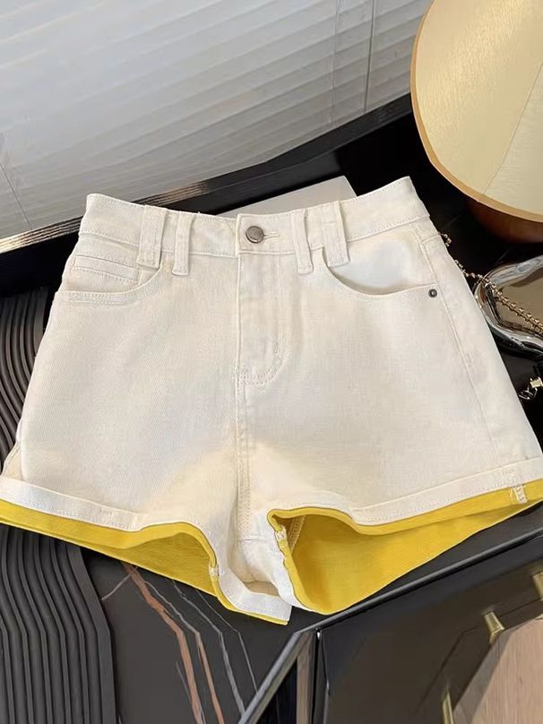 Women's Clothing Dopamine Lemon Yellow Denim Shorts Summer Design Contrast Color A Line Wide Leg Hot Pants_ecoleips.com