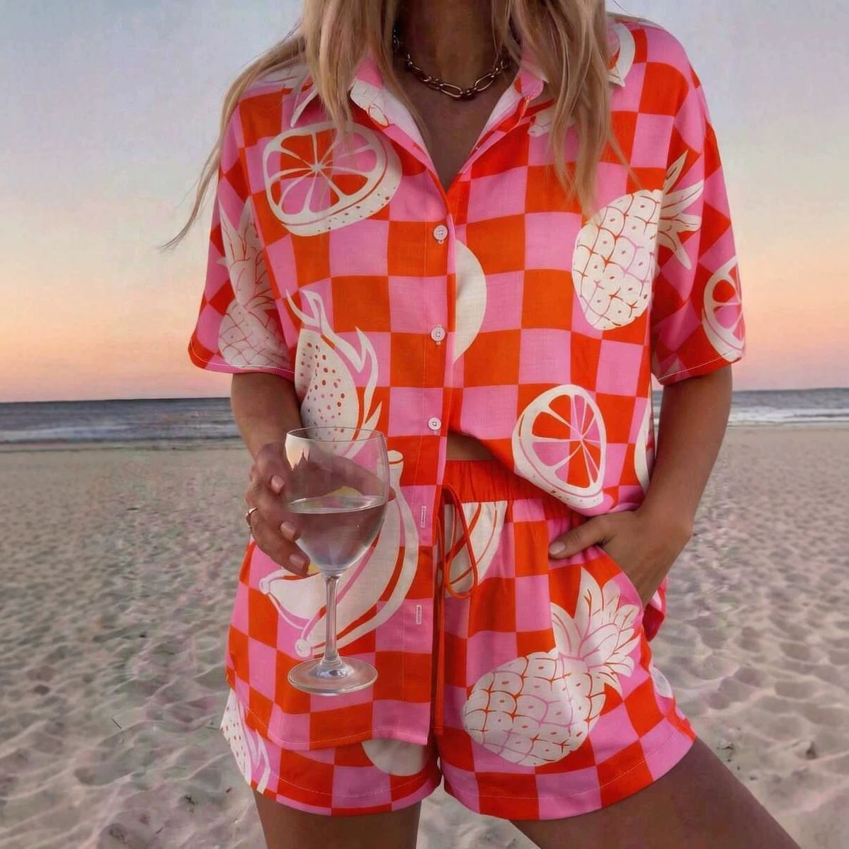 Women's Summer Vacation Style Printed Shirt & Shorts Set - Floral Geometric Pattern Short Sleeve Outfit_ecoleips.com