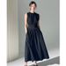 2025 Spring Casual Cotton Two-Color Waist Cinched A-Line Flared Skirt Mid Length Sleeveless Women's Dress_ecoleips.com