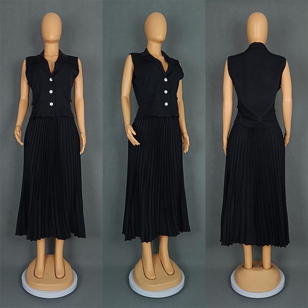 Women's Clothing New Temperament Suit Collar Single Breasted Vest Top Pleated Skirt Suit_ecoleips.com