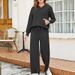 Women's Casual Lounge Set - Trendy Long Sleeve Top & Wide Leg Pants Outfit, Comfortable Matching Sportswear_ecoleips.com