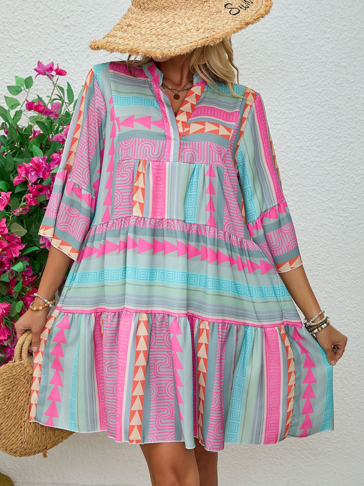 Women's Floral Print V-Neck Dress Three-Quarter Sleeve Breathable Cotton Linen Blend A-Line Midi Casual Office Wear_ecoleips.com