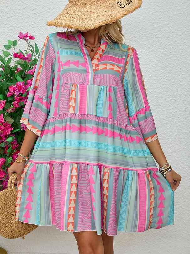 Women's Floral Print V-Neck Dress Three-Quarter Sleeve Breathable Cotton Linen Blend A-Line Midi Casual Office Wear_ecoleips.com